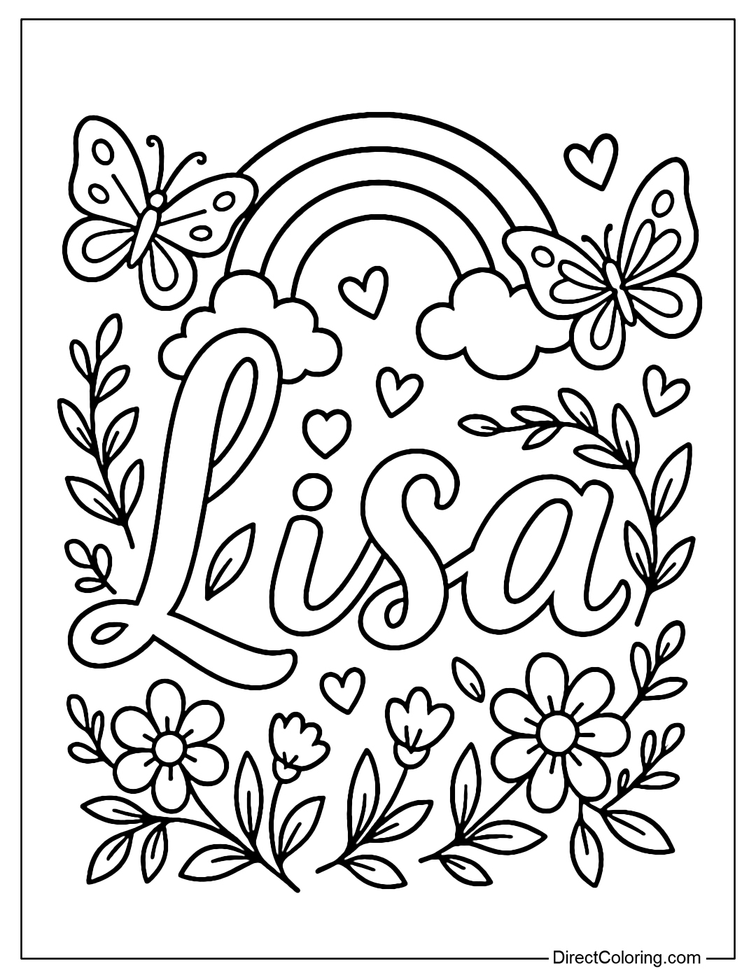 Lisa name coloring page with soft curved letters, decorated with flowers, butterflies, rainbows and hearts
